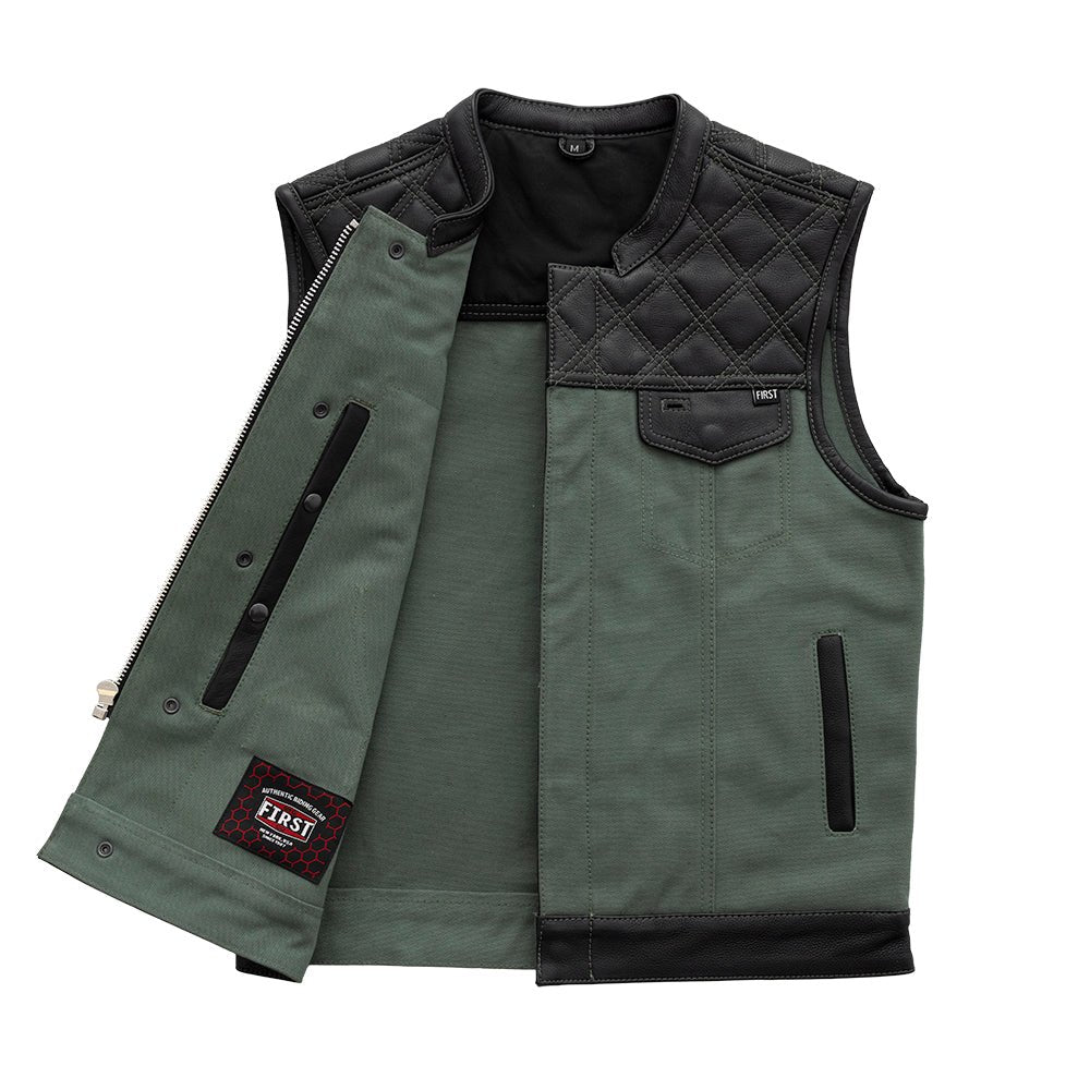 Hunt Club Motorcycle Leather Canvas Vest Green Men's Canvas Vests First Manufacturing Company