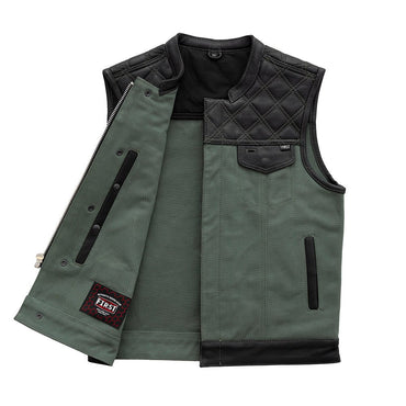 Hunt Club Motorcycle Leather Canvas Vest Green Men's Canvas Vests First Manufacturing Company
