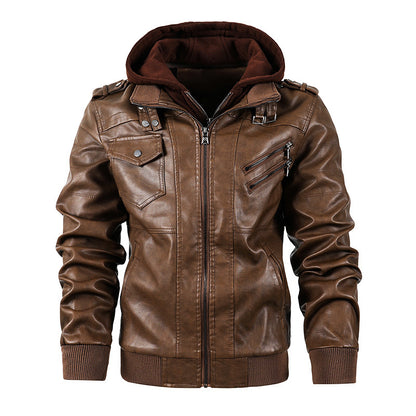 Motorcycle Casual Hooded PU Leather Jacket with Stand-Up Collar and Velvet Lining