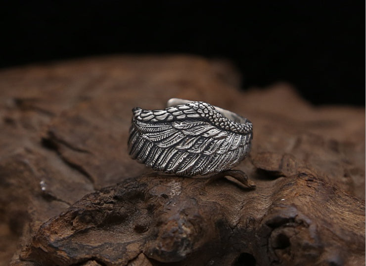 Silver Men Adjustable Eagle Wing Feather Retro Black Punk Biker Man Ring