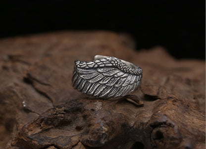 Silver Men Adjustable Eagle Wing Feather Retro Black Punk Biker Man Ring