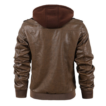 Motorcycle Casual Hooded PU Leather Jacket with Stand-Up Collar and Velvet Lining