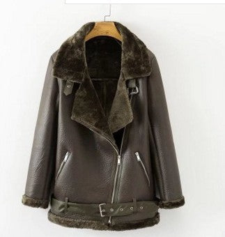 Women Winter Faux Fur Zipper Leather Jacket