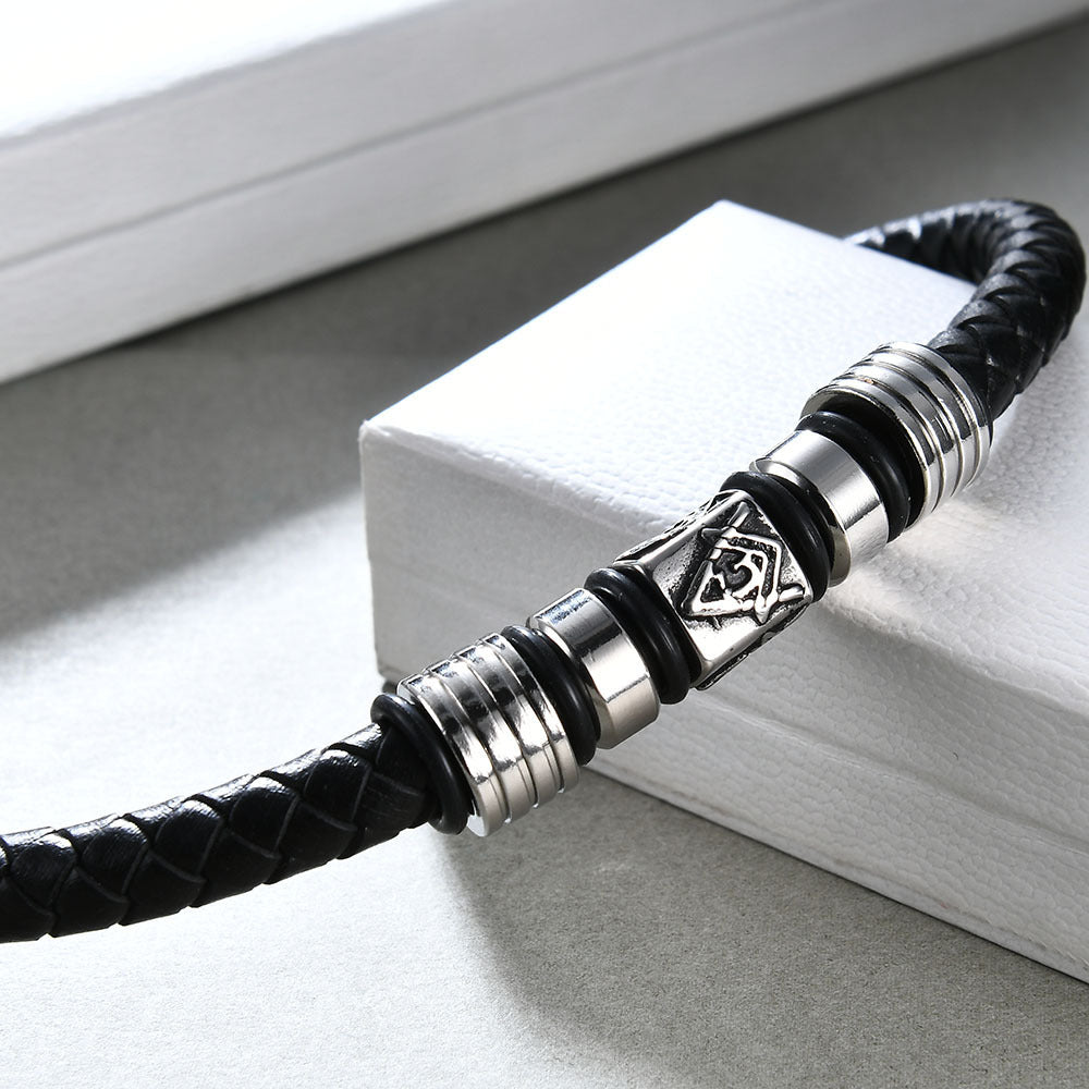 Stainless Steel Men's Religious Totem Leather Bracelet