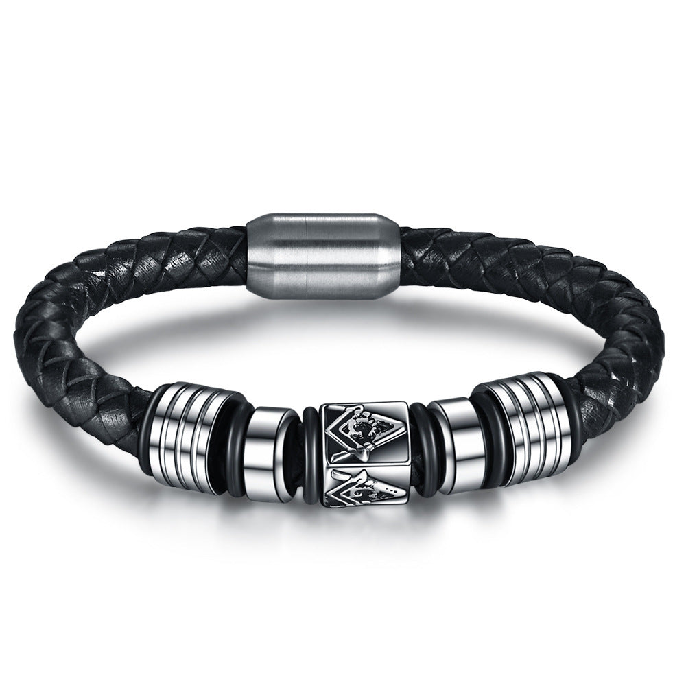 Stainless Steel Men's Religious Totem Leather Bracelet