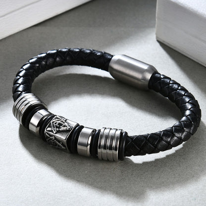 Stainless Steel Men's Religious Totem Leather Bracelet