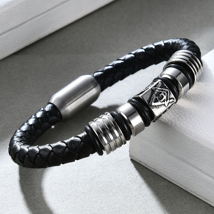 Stainless Steel Men's Religious Totem Leather Bracelet