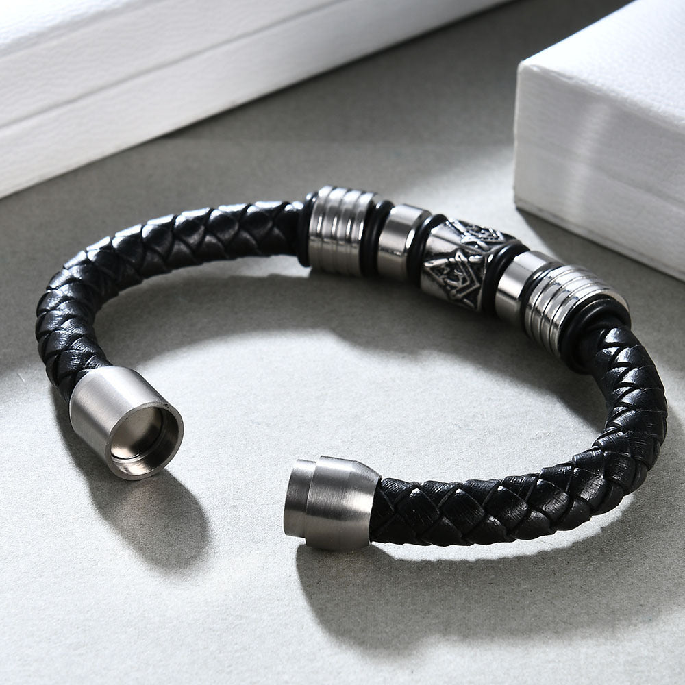 Stainless Steel Men's Religious Totem Leather Bracelet