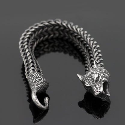 Men Stainless Steel Vintage Black Wolf Head Cuban Wristband