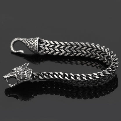 Men Stainless Steel Vintage Black Wolf Head Cuban Wristband