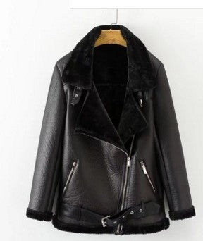 Women Winter Faux Fur Zipper Leather Jacket