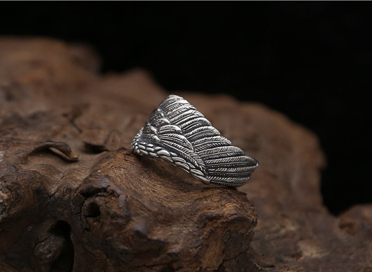 Silver Men Adjustable Eagle Wing Feather Retro Black Punk Biker Man Ring