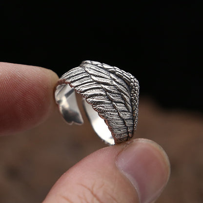 Silver Men Adjustable Eagle Wing Feather Retro Black Punk Biker Man Ring