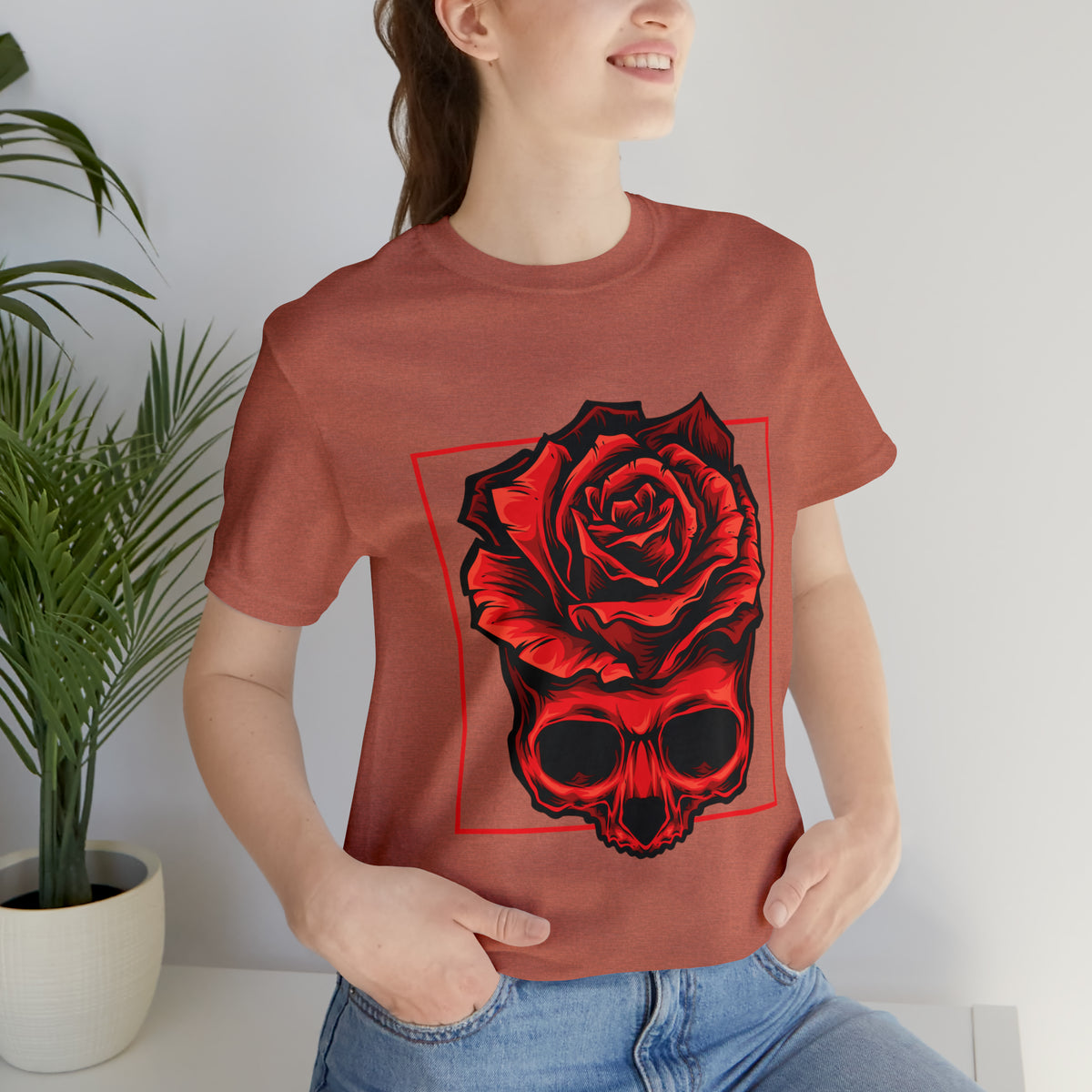 Red Skull With Roses T Shirt Design Unisex Jersey