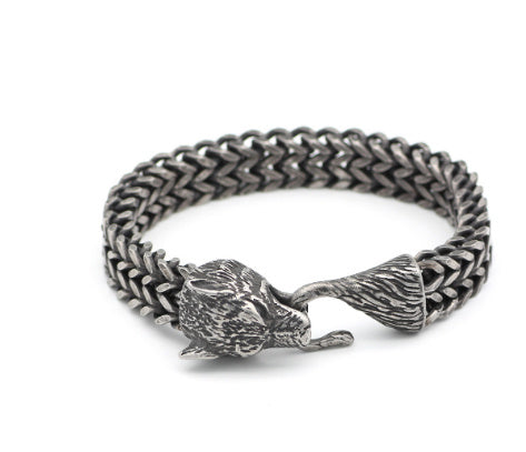 Men Stainless Steel Vintage Black Wolf Head Cuban Wristband