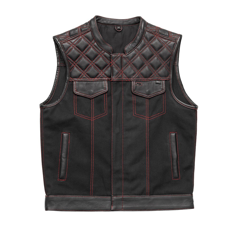 Hunt Club Motorcycle Leather Canvas Vest Black/Red Men's Canvas Vests First Manufacturing Company Black S