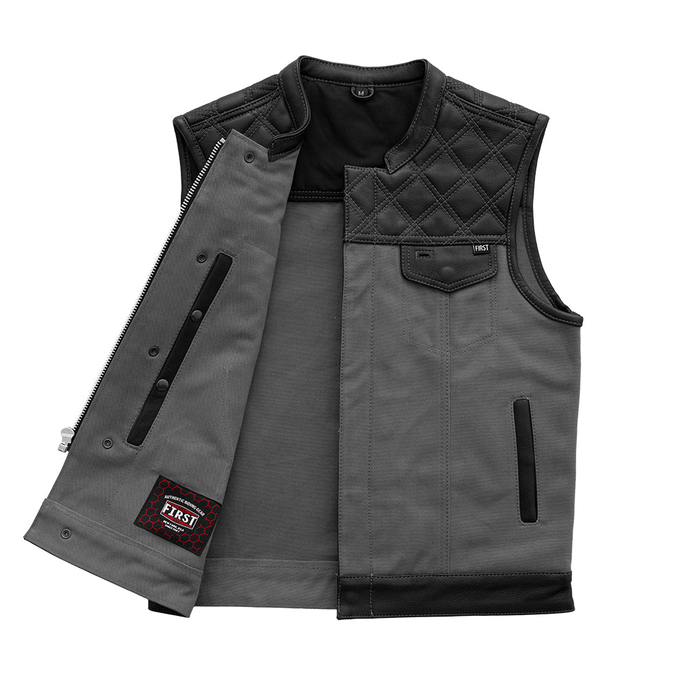 Hunt Club Motorcycle Leather Canvas Vest Grey Men's Canvas Vests First Manufacturing Company   