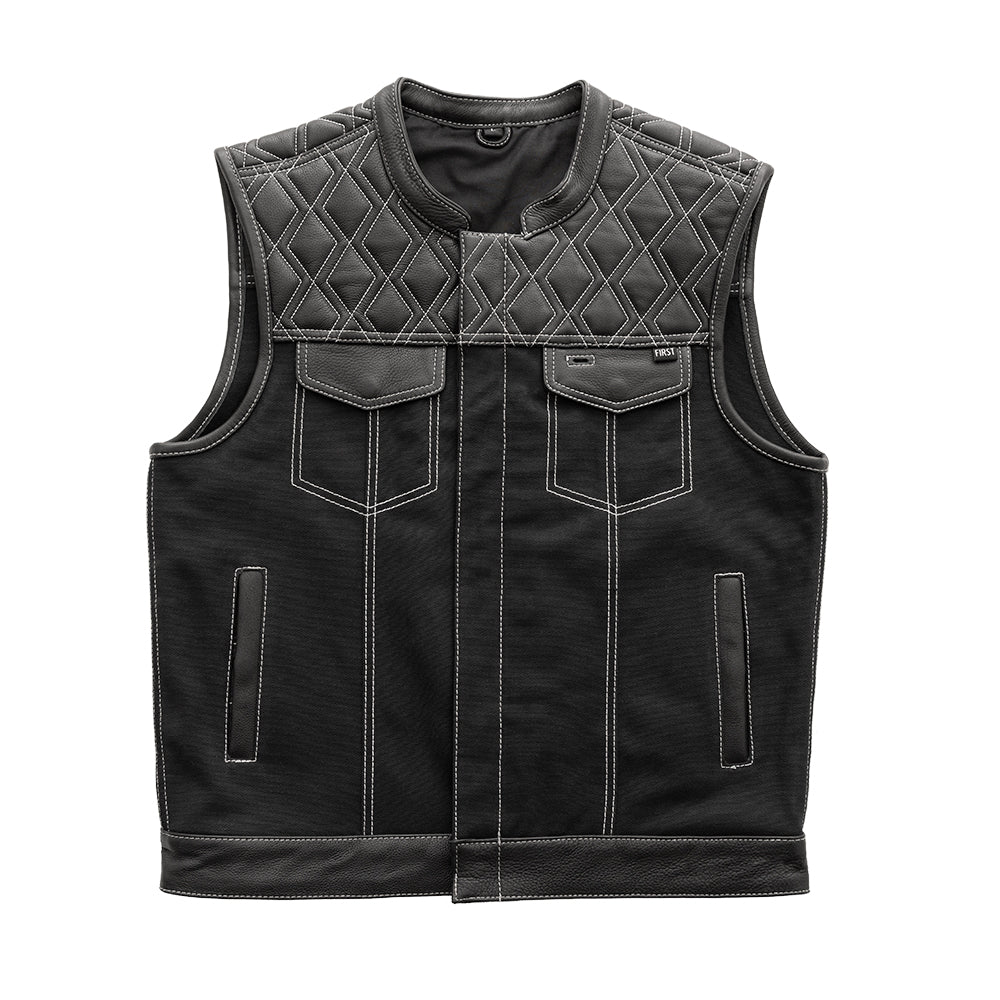 Hunt Club Motorcycle Leather Canvas Vest White Stitch Men's Canvas Vests First Manufacturing Company White S