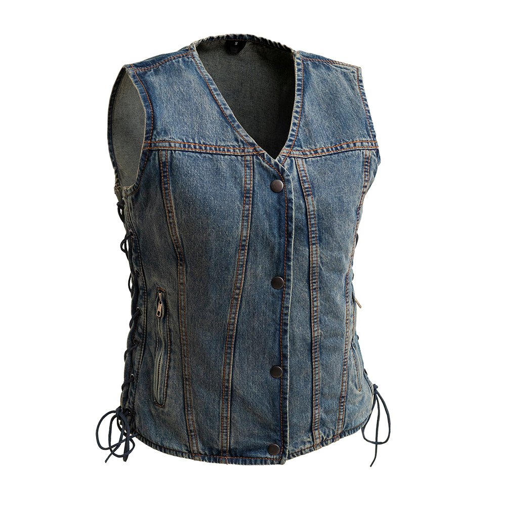 Tiff Women's Motorcycle Denim Vest Women's Denim Vest First Manufacturing Company Blue XS