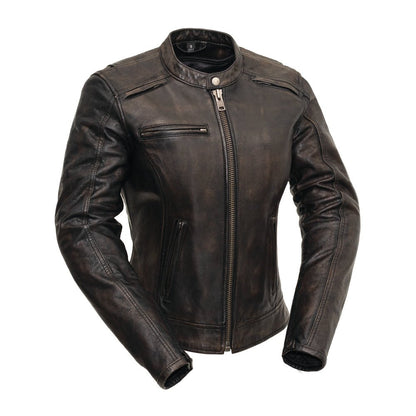 Trickster Womens Motorcycle Leather Jacket Women's Leather Jacket First Manufacturing Company Black Olive XS