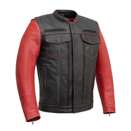 Vincent Men's Cafe Style Leather Jacket First Manufacturing Company Black Red S