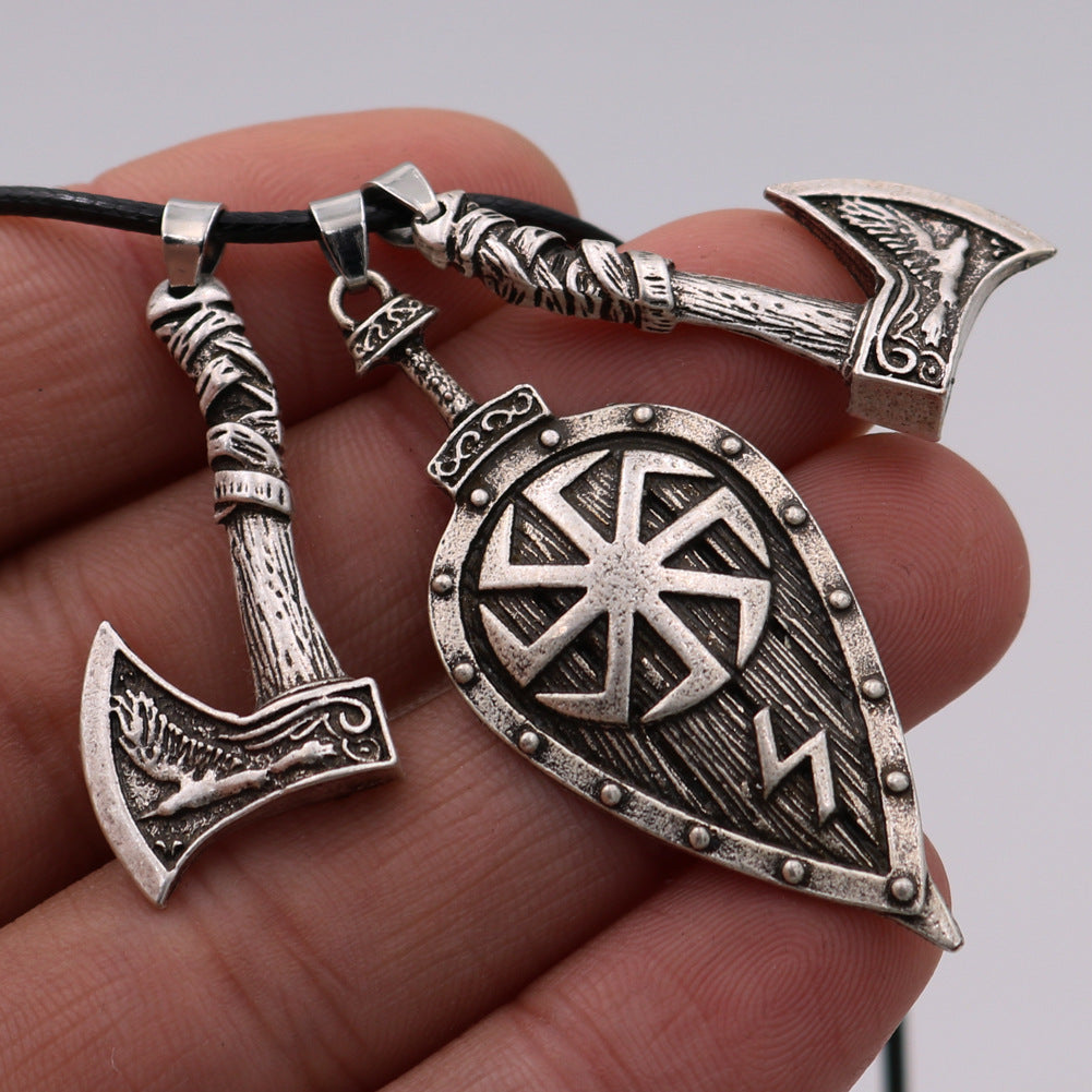 Viking Double Axe and Leaf Necklace Rune Pendant