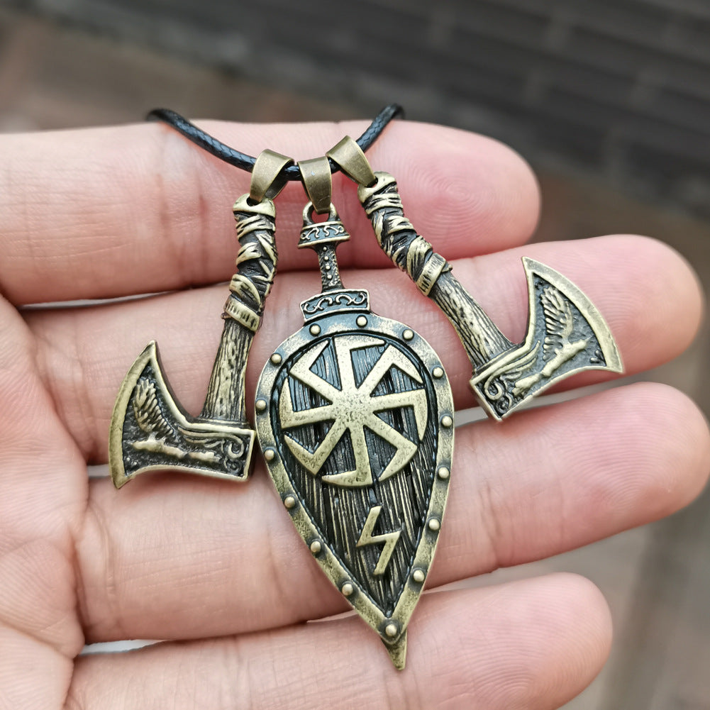 Viking Double Axe and Leaf Necklace Rune Pendant