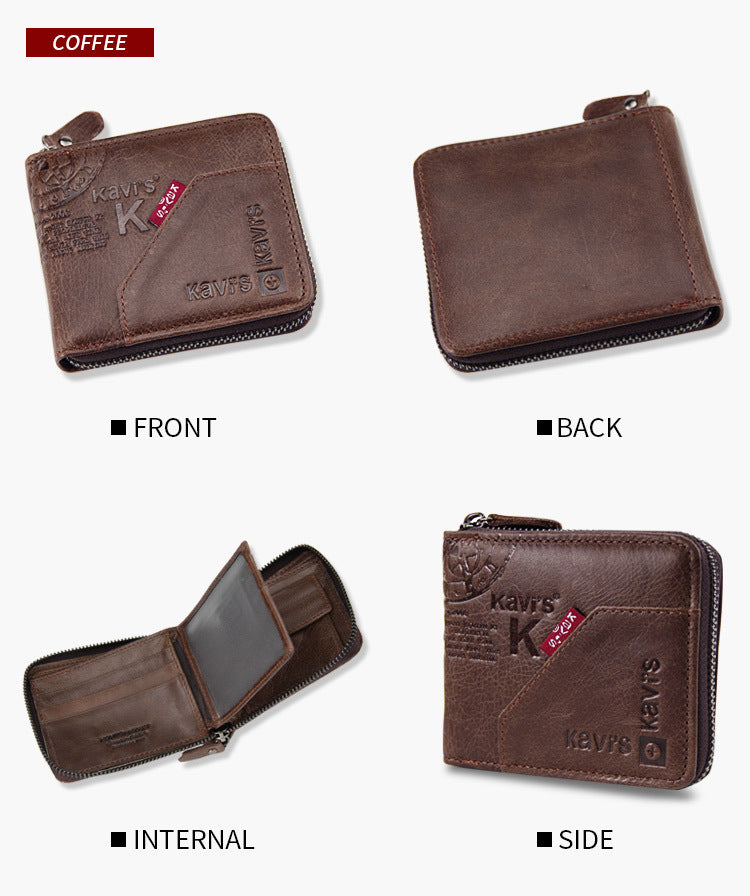 Leather Zipper Crazy Horse Leather Men's Bag Retro Large-capacity Soft Wallet Leather Wallet Men's Bag