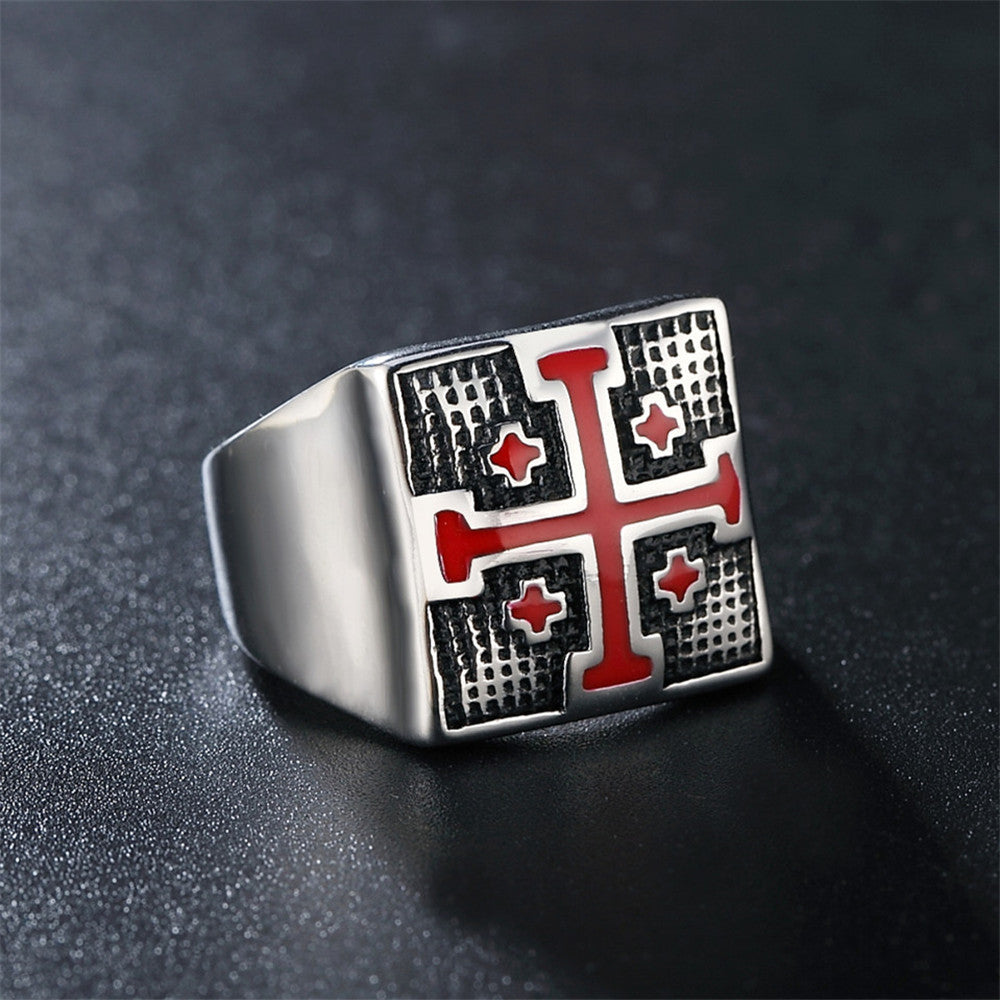 New Style Foreign Trade Ring Red Crusade Mens Titanium Steel Ring