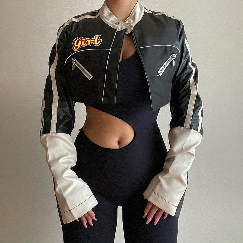 Women's Short Colorblock Motorcycle Leather Jacket - Zohastyle