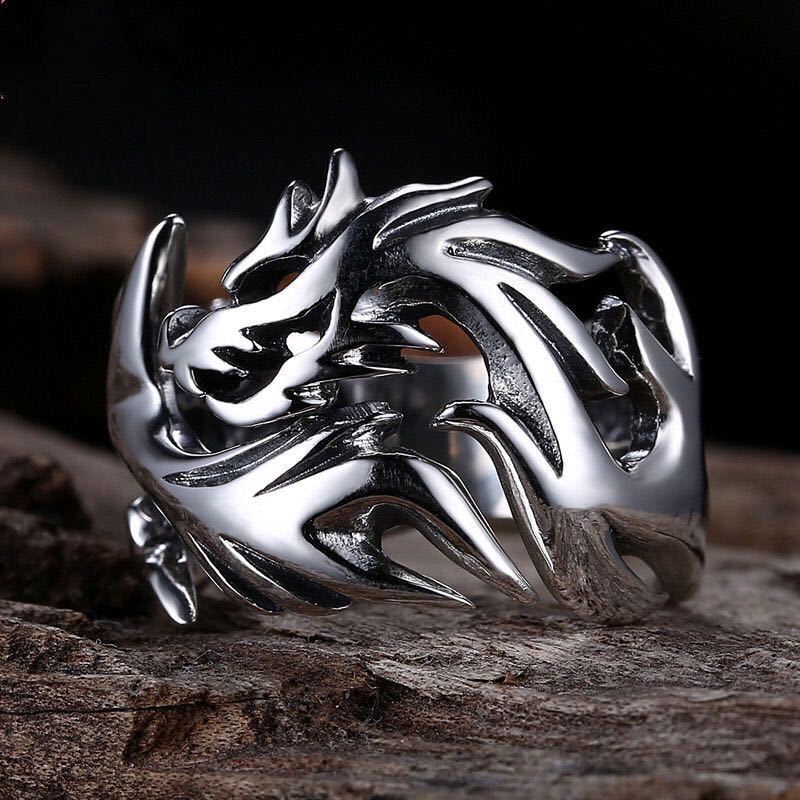 Flame dragon silver ring men