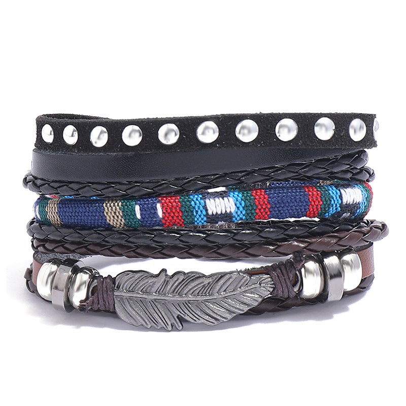 Vintage Braided Leather Cord Set Bracelet, Cowhide Bracelet, Men's Leather Bracelet