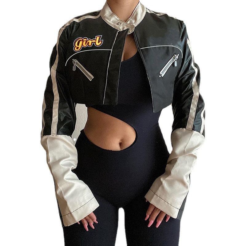Women's Short Colorblock Motorcycle Leather Jacket