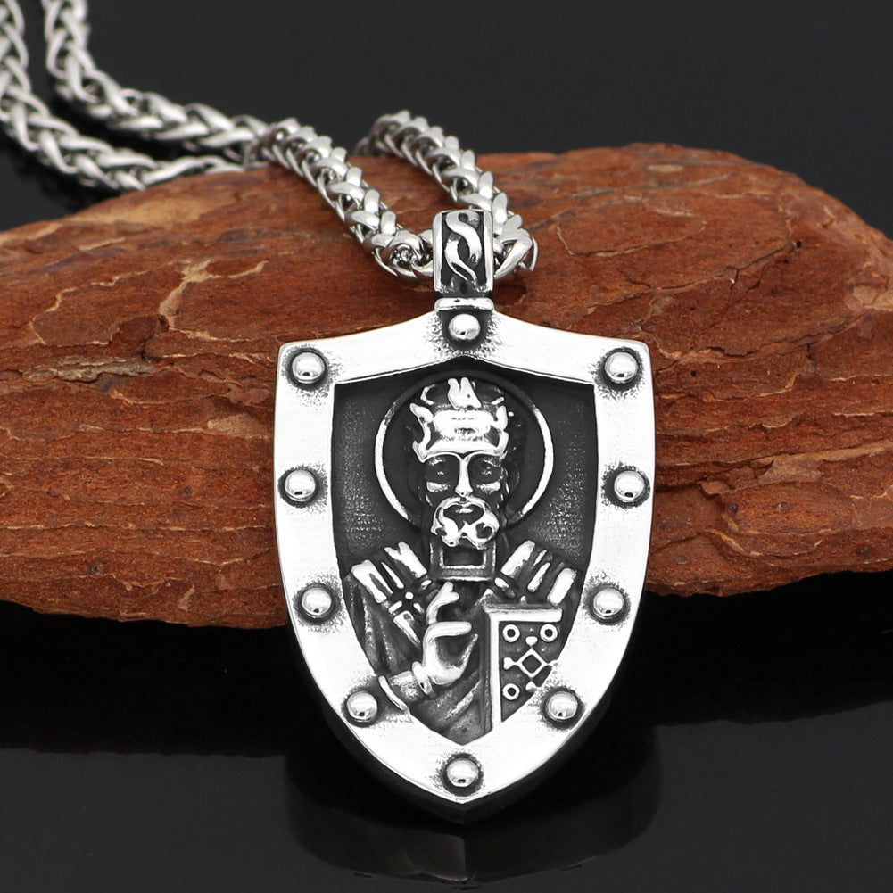 Pirate Viking Odin Warrior Portrait Rune Shield Pendant Titanium Steel Men's Necklace