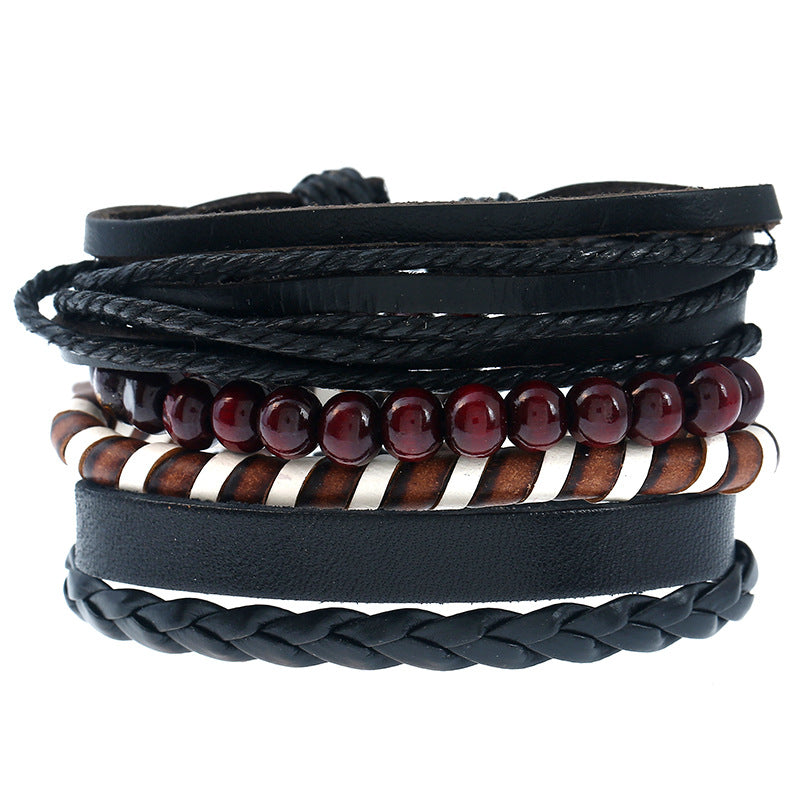 Vintage Braided Leather Cord Set Bracelet, Cowhide Bracelet, Men's Leather Bracelet