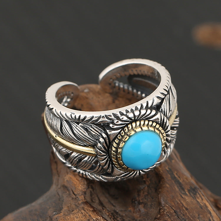 Personality Fashion Turquoise Feather Ring Men Exaggerated