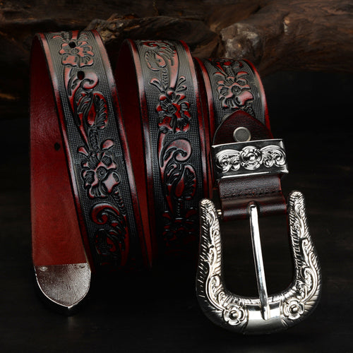Carved Pin Buckle Leather Belt Head Layer Cowhide Embossed Belt